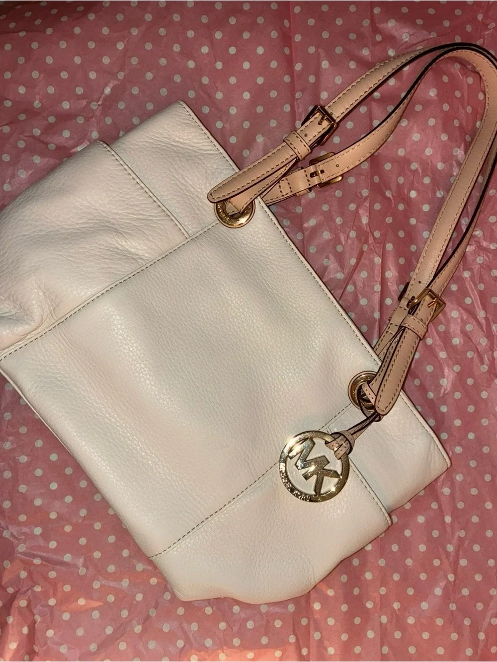 Michael Kors Cream Leather Shoulder Bag with Gold Hardware and Pink-Tan Straps